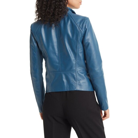 🆕 NORDSTROM Leather Moto Zip Jacket Blue Large (10-12) - Picture 2 of 10